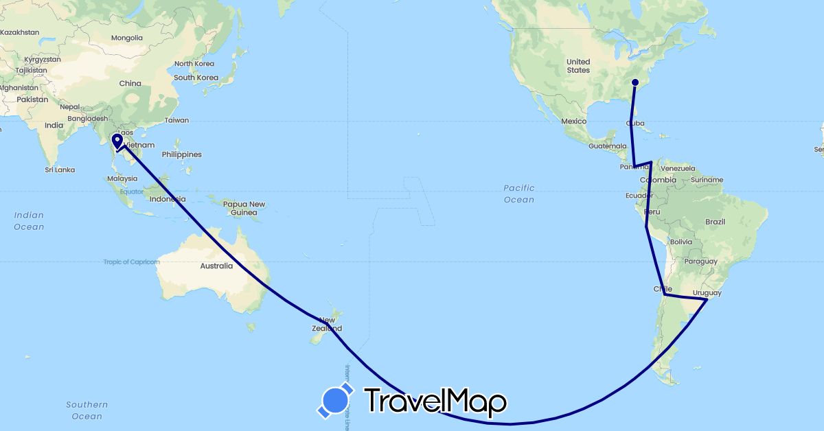 TravelMap itinerary: driving in Argentina, Chile, Colombia, Cuba, New Zealand, Panama, Peru, Thailand, United States, Uruguay (Asia, North America, Oceania, South America)